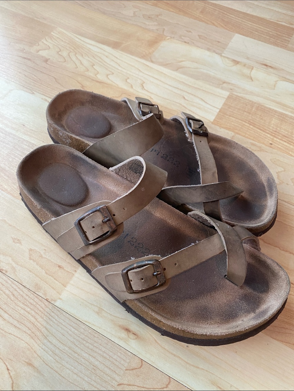Women's Camel Brown Leather Buckle Sandals
